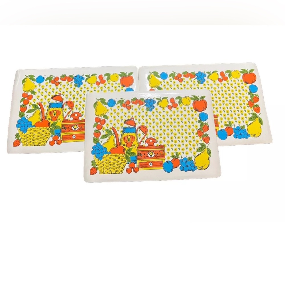 Vintage Foam Vinyl Placemat Set 3 70s MCM Teapot Breadbox Basket Fruit Floral